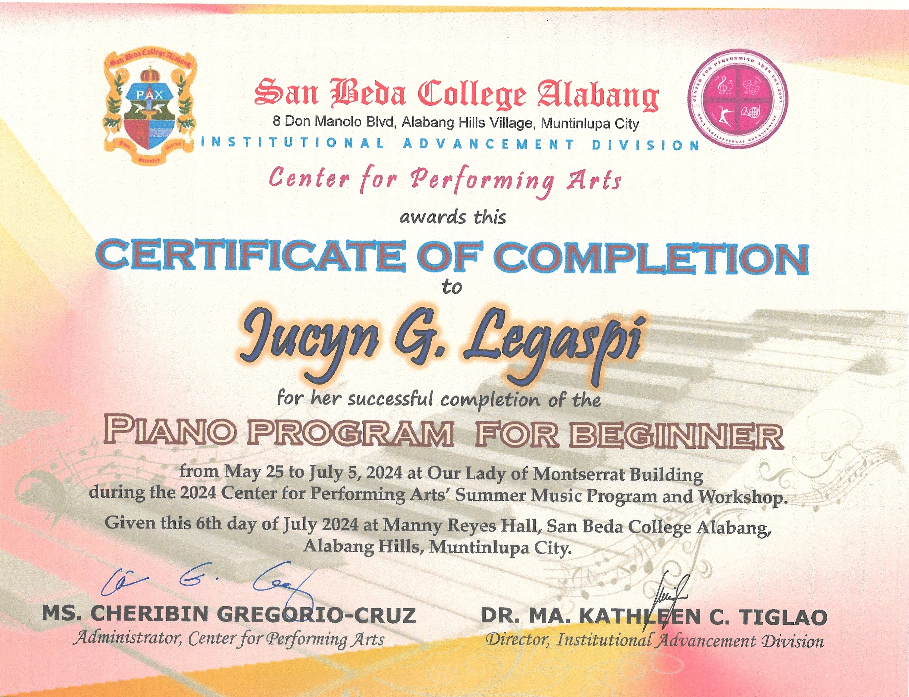 piano program certificate